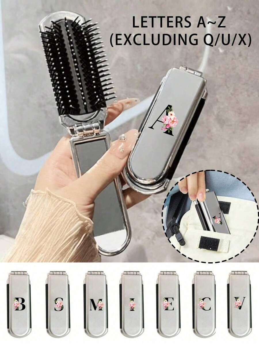 Gương trang điểm và làm tóc gấp gọn 2 trong 1 - Để bàn di động, chữ cái A-Z màu đen và họa tiết hoa, dụng cụ làm đẹp du lịch hiện đại, lược gấp kèm gương trang điểm, tiện lợi mang theo, lược đệm khí đa năng, bàn chải massage da đầu (Không bao gồm các mẫu Q/U/X) - Bạc - Xem 1