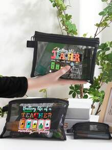 黑色网眼化妆包，带创意字母教师图案，气垫收纳便携式收纳包，化妆包，护肤包，旅行必需品，宿舍用品，浴室收纳，珠宝收纳，唇油和化妆品收纳包学校用品 - 黑色 - 查看 2