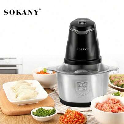  SOKANY 7020 Electric Meat Grinder, Can Chop Vegetables, Crush Garlic, Make Garlic Paste, 2L Large Capacity, 400W High Power Fast Mixing, 304 Stainless Steel Blade, Suitable For Vegetables, Onions, Garlic, Fruits, Nuts, Salads And Dough Mixing, Suitable For Home Use, Kitchen Appliance