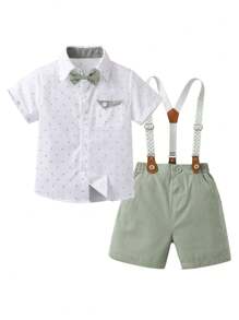 BLUE SAYING Set de 2 piezas: Camisa de manga corta y pantalones cortos con tirantes para niño pequeño, camisa de manga corta con estampado creativo en blanco y pantalones cortos verdes, conjunto ideal para fiesta, actuación, niños de 6T/6 años