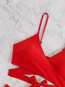 2025 Plus Size Minimalist Solid Color Tankini Set, Resort Beach Swimwear, For Summer Vacation - Red - View 3