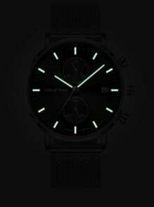 GUANQIN 1 pieza Reloj luminoso impermeable con cronógrafo, calendario, esfera, resistente al desgaste, correa de malla de acero inoxidable milanesa, moda negocios, lujoso, deportivo, clásico, sencillo, casual, estilo mecánico, hombres, automático, de cuarzo, adecuado para el Día de San Valentín, festivales, citas, negocios, regalos