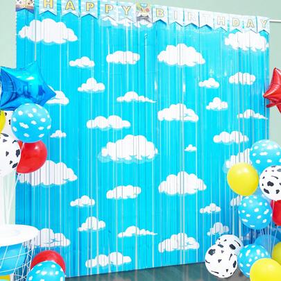 Cartoon Toy Inspired Story Birthday Party Decoration, 1/2/4 Packs Cartoon Story Party Photo Booth Prop, Blue Sky White Cloud Fringe Streamers Tinsel Photo Streamers Backdrop For Cartoon Story Party Supplies