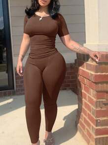 Slim Fit Short Sleeve Top And High Waist Skinny Pants Two Pieces Casual Outfit