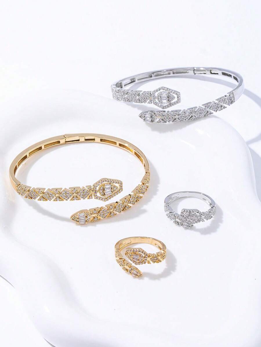 1 套时尚奢华微镶锆石蛇形手镯和戒指套装女士 - 銀色 - 查看 1