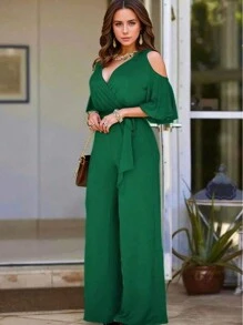 Mono casual de mujer de pierna ancha en color sólido, con cinturón, versátil a la moda - Verde - Ver 1