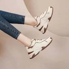 Zapatillas de deporte transpirables de moda para mujer, zapatillas de tenis casuales de suela gruesa - Caqui - Ver 5