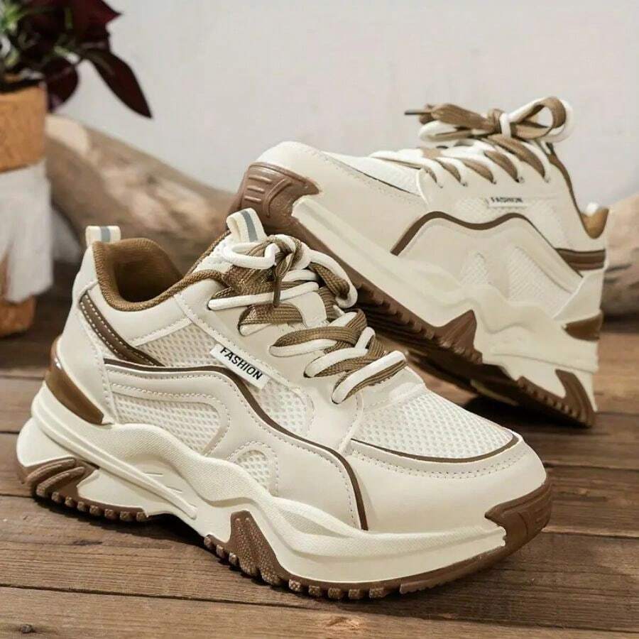 Zapatillas de deporte transpirables de moda para mujer, zapatillas de tenis casuales de suela gruesa - Caqui - Ver 1