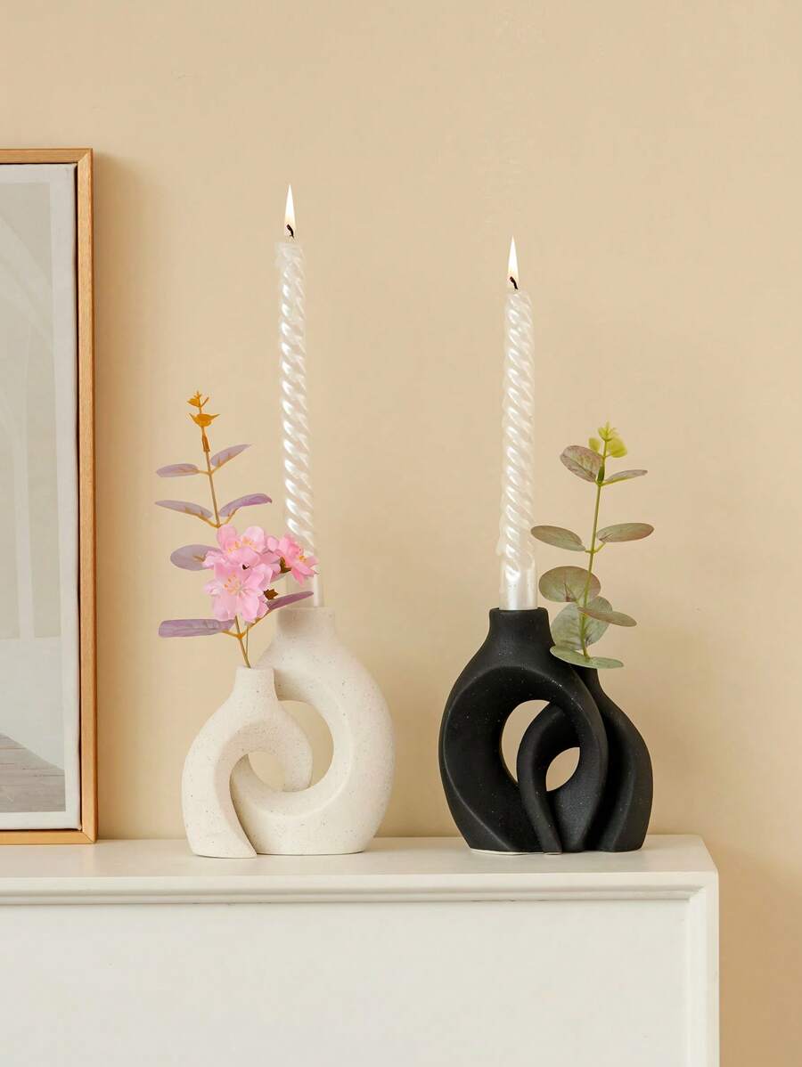 1 件几何陶瓷烛台和花瓶套装，黑白，简约现代风格，浪漫花瓶适合婚礼、派对、家居、桌面、办公室、酒店、客厅装饰
