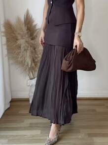 Women Elegant Splicing High Waist Zipper Ankle-Length Skirts Fashion Zipper Elastic Waist Pleated Long Skirts