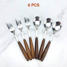4/6/10-delige roestvrijstalen bestekset met houten handvat, soeplepel en vorkset, 2/10-persoons bestek, zilveren spiegelgepolijste en matte serviesset, geschikt voor restaurants en thuisgebruik, schoolbenodigdheden