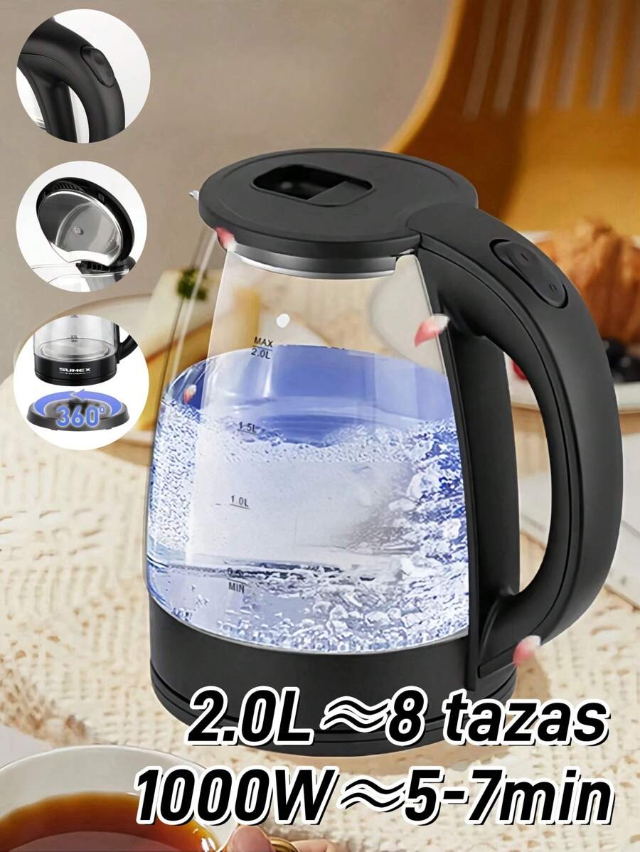 1000W Tetera electrica, Hervidor eléctrico de vidrio de 2.0 L, calentador de agua eléctrico inalámbrico con luz LED