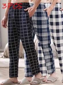 3pcs Spring/Summer Men's Classic Fashion Plaid Sleep Pants - Straight Leg, Elastic Waistband, Casual & Comfortable Loungewear - Multicolor - View 1