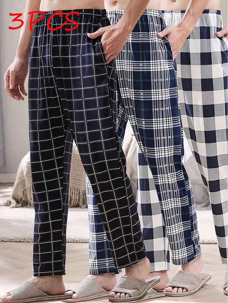 3pcs Spring/Summer Men's Classic Fashion Plaid Sleep Pants - Straight Leg, Elastic Waistband, Casual & Comfortable Loungewear - Multicolor - View 1
