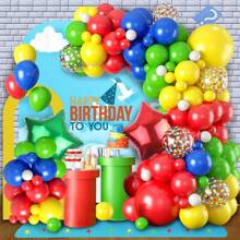 121 个红色和黄色生日气球套装，包括红色、黄色、蓝色气球以及红色和绿色铝箔星形气球，适用于生日、毕业典礼、单身派对装饰 - 彩色 - 查看 1