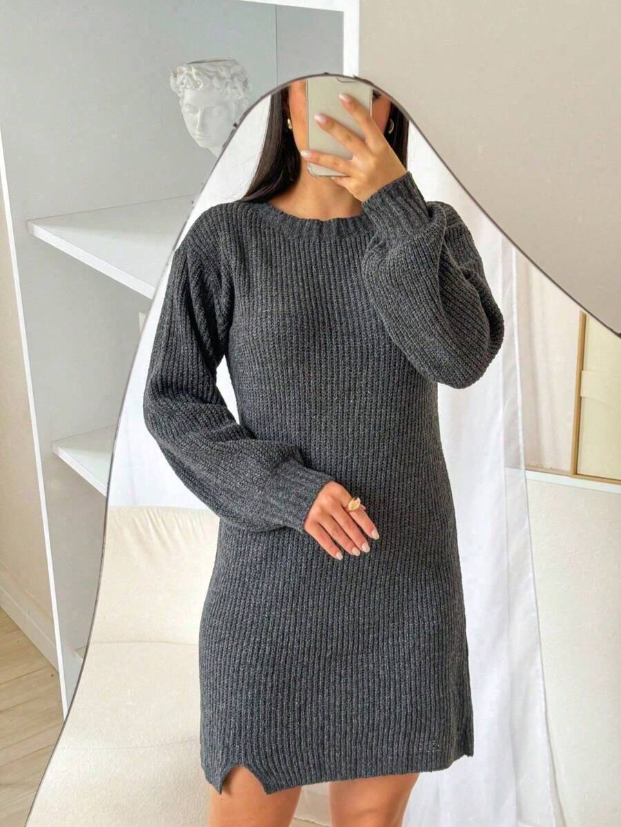 TRICOT Mousse Dress With Side Slits - LEAD GRAY - View 1