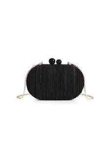 1pc Elegant Mini Solid Color Satin Textured Pleated Oval Clutch Bag, Suitable For Party, Wedding, Formal Events ,Wedding - Black - View 5