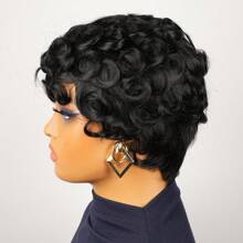 1 件女士短款卷发精灵短发真人发假发，150% 密度巴西雷米头发全机织假发，真人发黑色万圣节服装 - 黑色 - 查看 6