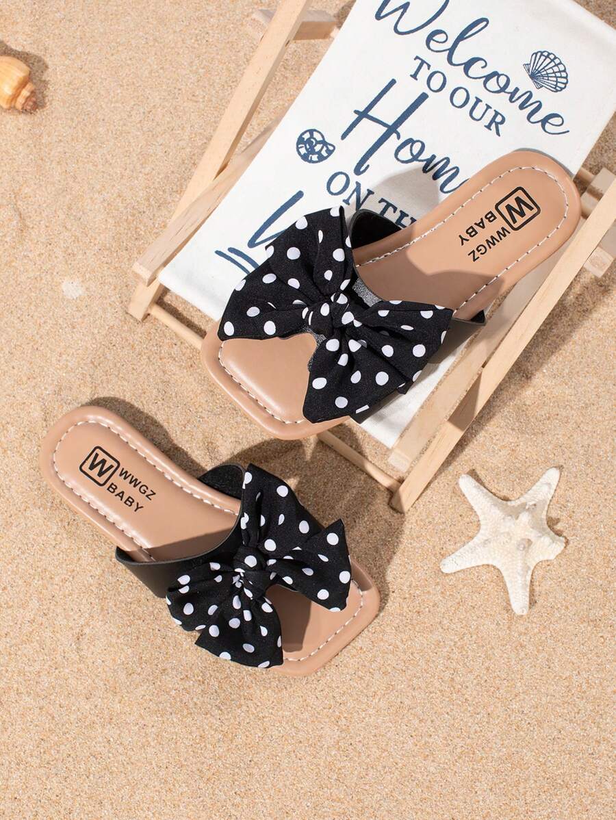 Girls' Fashion Cute Big Bow Peep Toe Flat Sandals, Comfortable Lightweight Slides, Suitable For Summer Outdoor Beach, Random Sole Color, Run Small By 1 Size