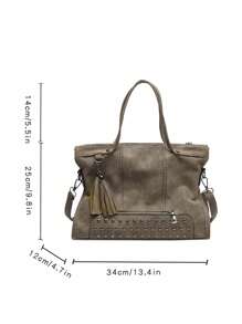 Retro Stylish Large Capacity Commuter Rivet Tassel Versatile Tote Bag - Khaki - View 6