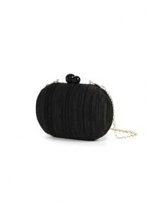 1pc Elegant Mini Solid Color Satin Textured Pleated Oval Clutch Bag, Suitable For Party, Wedding, Formal Events ,Wedding - Black - View 7