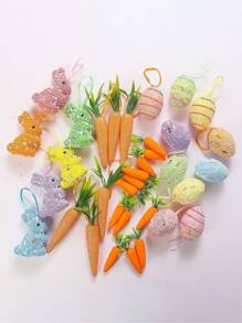 1pc/6pcs/12pcs Easter Colorful Foam Bead Rabbit & Carrot Shaped Realistic Ornament, Easter Holiday Decorations