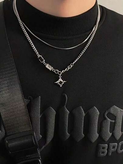 Mangxing Double-Layer Necklace, 1 Men's Hip-Hop Style Collarbone Chain, Titanium Steel Double-Layer Necklace, Suitable For Christmas, New Year, Valentine's Day Holiday Gifts