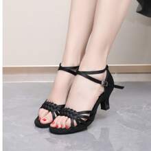 女士拉丁舞鞋软底缎面中跟新款舞鞋专业舞蹈学校生日派对聚会舞鞋 - 黑色 - 查看 3