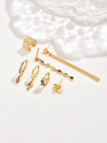 7pcs/Set Colorful Zirconia Earrings Set, Elegant & Simple Style, Suitable For Ladies Dating, Party, Everyday Wear - Yellow Gold - View 2