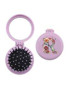 1 pezzo Pettine mini floreale esclusivo per matrimonio con 26 lettere, compatto e portatile, pettine mini con cuscinetto d aria pieghevole per massaggio, specchio incorporato, essenziale per viaggi e campeggio. Indispensabile per il ritorno a scuola e le vacanze - Viola - Visualizzare 19