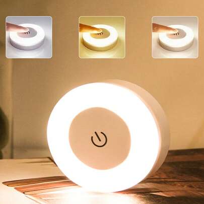 1个可充电暖白光LED夜灯，高亮度触摸感应灯，400mAh电池供电壁灯，无线USB充电可调光圆形灯，3种颜色模式，适用于墙壁、橱柜、厨房、台面