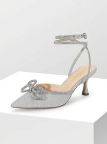 Women's Rhinestone Bow Ankle Strap Pumps Stiletto Kitten Heels Pointed Closed Toe Heels Fashionable Wedding Bridal Party Prom Dress Shoes - Bạc - Xem 9