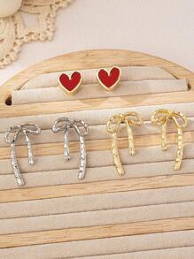 3 pares de pendientes clásicos de moda con delicado estampado de leopardo dorado y lazo en forma de corazón, adecuados para uso diario y como regalo, ideal para la temporada de bodas