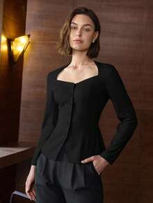 女式纯色单排扣西装外套，办公室装和商务休闲老款风格 - 黑色 - 查看 6