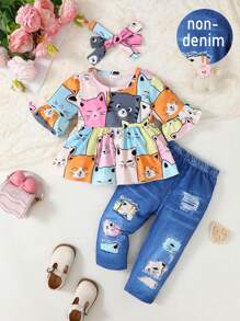 3pcs/Set Baby Girl Daily Kitten Element Digital Print Bell Sleeve Top, Pants And Headband Set (Asymmetrical Print)