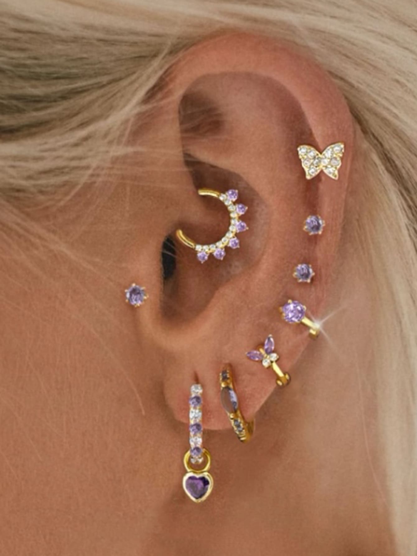9 件/套优雅粉红锆石耳环和耳钉套装，星星和月亮设计，简约风格，适合女性约会、派对、日常佩戴 - 紫色 - 查看 1
