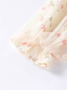1 件女童甜美樱桃图案印花网眼长袖连衣裙，适合春秋季节