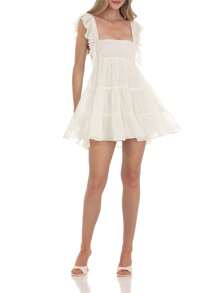 Women's Ruffle Strap Mini Dress Sleeveless Square Neck Solid Color Flowy Dress Summer Babydoll Dress - Apricot - View 2