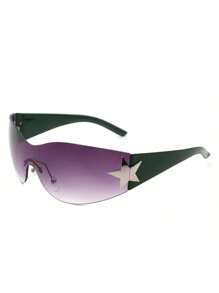 1pc Frameless Sleek Retro Y2K Style Fashion Sunglasses, Wrap-Around Sporty Rimless Women Shades, Glasses For Festival, Outdoor, Travel, Summer, Beach Accessories - 橄欖色/紫色 - 查看 2