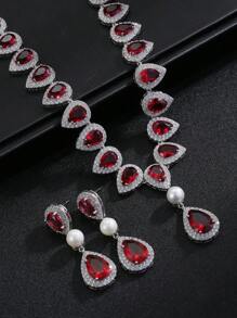 1 Set Of 3pcs Luxury Elegant Cubic Zirconia Necklace & Earrings Set, Bridal Wedding Party Dress Faux Pearl Jewelry Gift, Teardrop Decor For Women's Festive Wear