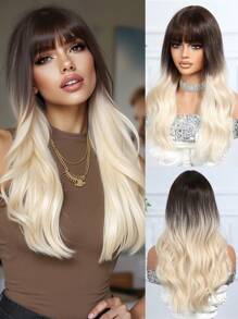 舒适高品质深棕色渐变金色女士化纤假发 24 英寸长卷发带刘海合成耐热纤维材料非常适合度假旅行家庭聚会角色扮演日常穿着