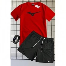 SET OF 100% COTTON SHIRT, SHORT SLEEVE, TACTEL SHORTS, MIZZU PRINT + FREE WATCH - Rojo - Ver 1