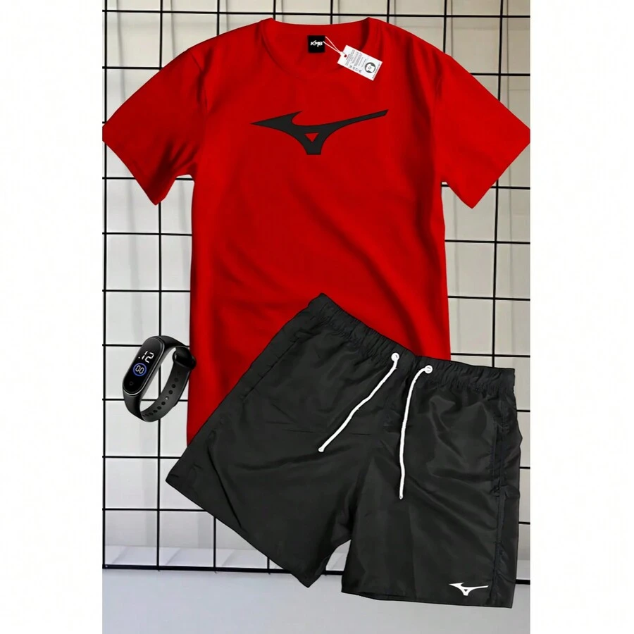 SET OF 100% COTTON SHIRT, SHORT SLEEVE, TACTEL SHORTS, MIZZU PRINT + FREE WATCH - Rojo - Ver 1
