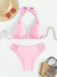 2pcs Sweet & Sexy Solid Color Tie-Up Spaghetti Strap Bikini Swimsuit Set, Beach Holiday Style - Baby Pink - View 2
