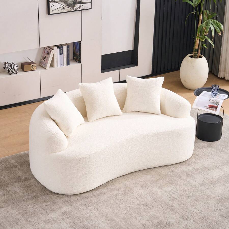 YOGLAD 65'' Modern Loveseat Sectional Sofa Couch, Luxury Plush Chenille Upholstered Cloud Couch With Extra Deep Seat And Curved Armless Floor Design, Comfortable Small Space Sofa With 3 Throw Pillows, Medium Firm Cushion Memory Foam Couch, Soft Boneless Sofa For Living Room Furniture, Apartment Couch For Bedroom Office Home Decor, No Assembly Needed - 米色 - 查看 1