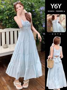 [Y6Y] Women's Elegant Backless Tie Strap Dress | Pair With Cardigan For Autumn, Waist-Cinching Soft Flowing Dress