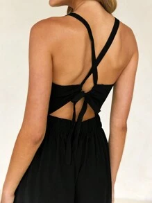 Vaiaye Women's Diamond Hollow Lace-Up Criss-Cross Backless Pleated Jumpsuit, Suitable For Christmas And Valentine's Day