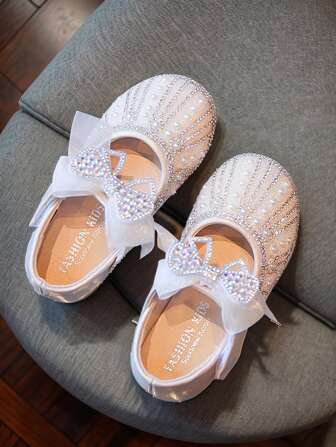 1 Pair Shiny, Beige, Bow, Convenient Hook & Loop Closure, PU Upper With Cushioned Insole, Round Toe, Anti-Slip Rubber Sole, Girls Summer Flat Shoes