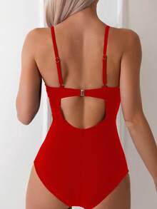 女士前交叉纯色休闲连体泳衣，适合夏季海滩度假 - 紅色 - 查看 3