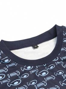 Herren Fischgrätenmuster Rundhals Kurzarm Lässig T-Shirt & Shorts Set mit Kordelzug Taille